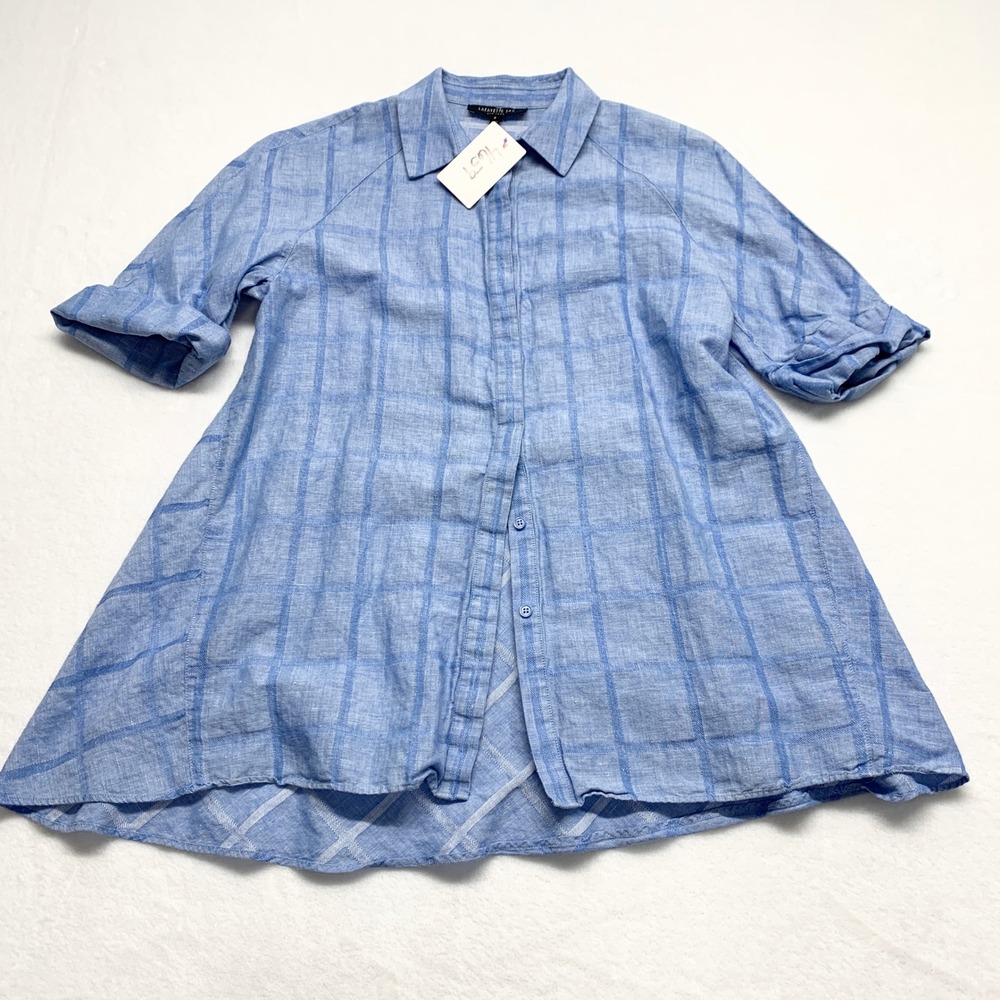 Lafayette 148 New York Plaid Tunic Womens Size P Blue Linen Cotton‎ Button Down